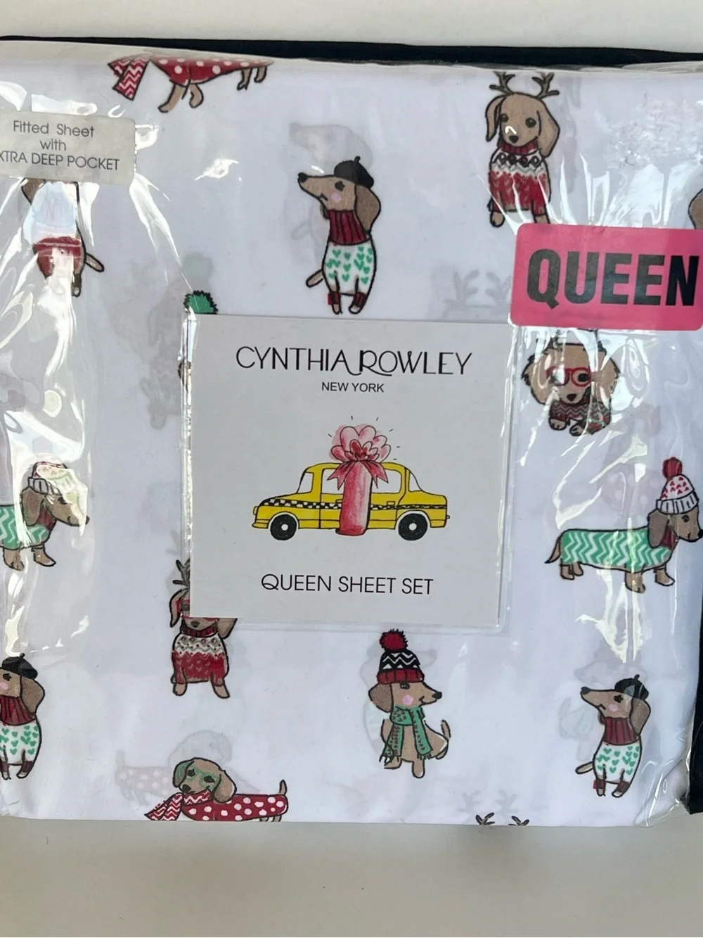 Cynthia Rowley Queen Sheet Set Christmas Dachshund Dogs Microfiber NIP